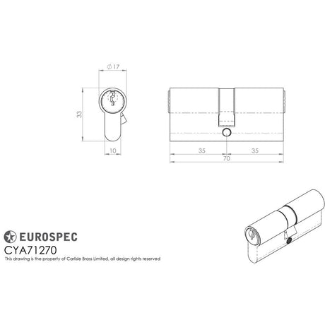 This image is a line drwaing of a Carlisle Brass - Euro Double Cylinder - Satin Brass available to order from Trade Door Handles in Kendal