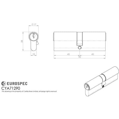 This image is a line drwaing of a Eurospec - Euro Double Cylinder - Satin Chrome available to order from Trade Door Handles in Kendal