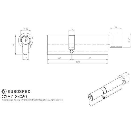 This image is a line drwaing of a Eurospec - Offset Euro Cylinder and Turn - Satin Chrome available to order from Trade Door Handles in Kendal