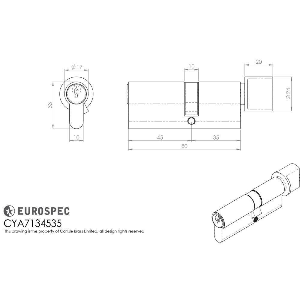 This image is a line drwaing of a Eurospec - Offset Euro Cylinder and Turn - Satin Chrome available to order from Trade Door Handles in Kendal