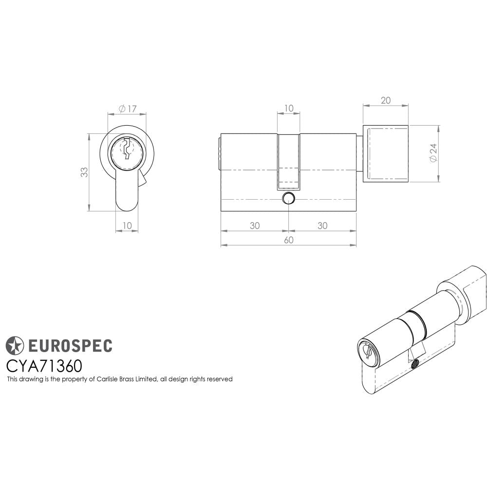 This image is a line drwaing of a Eurospec - Euro Cylinder and Turn - Polished Brass available to order from Trade Door Handles in Kendal