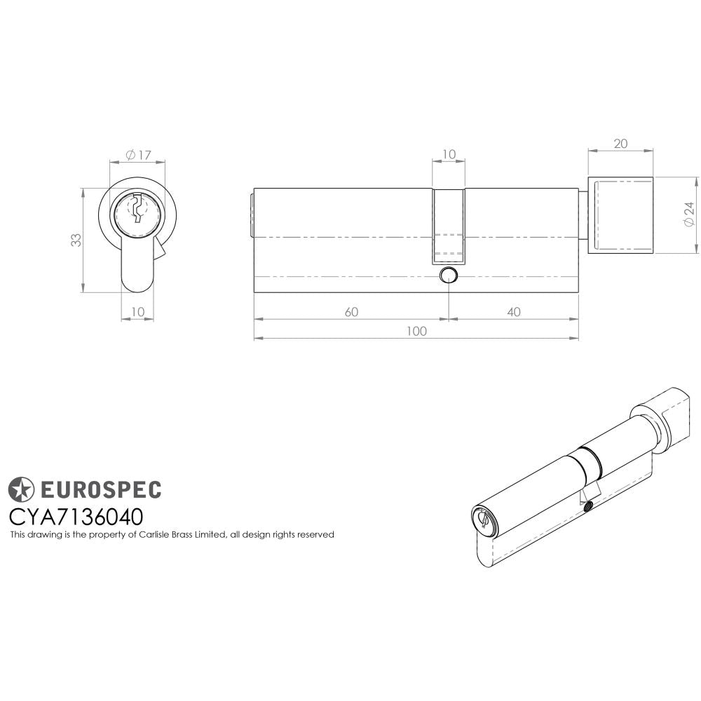 This image is a line drwaing of a Eurospec - Offset Euro Cylinder and Turn - Satin Chrome available to order from Trade Door Handles in Kendal