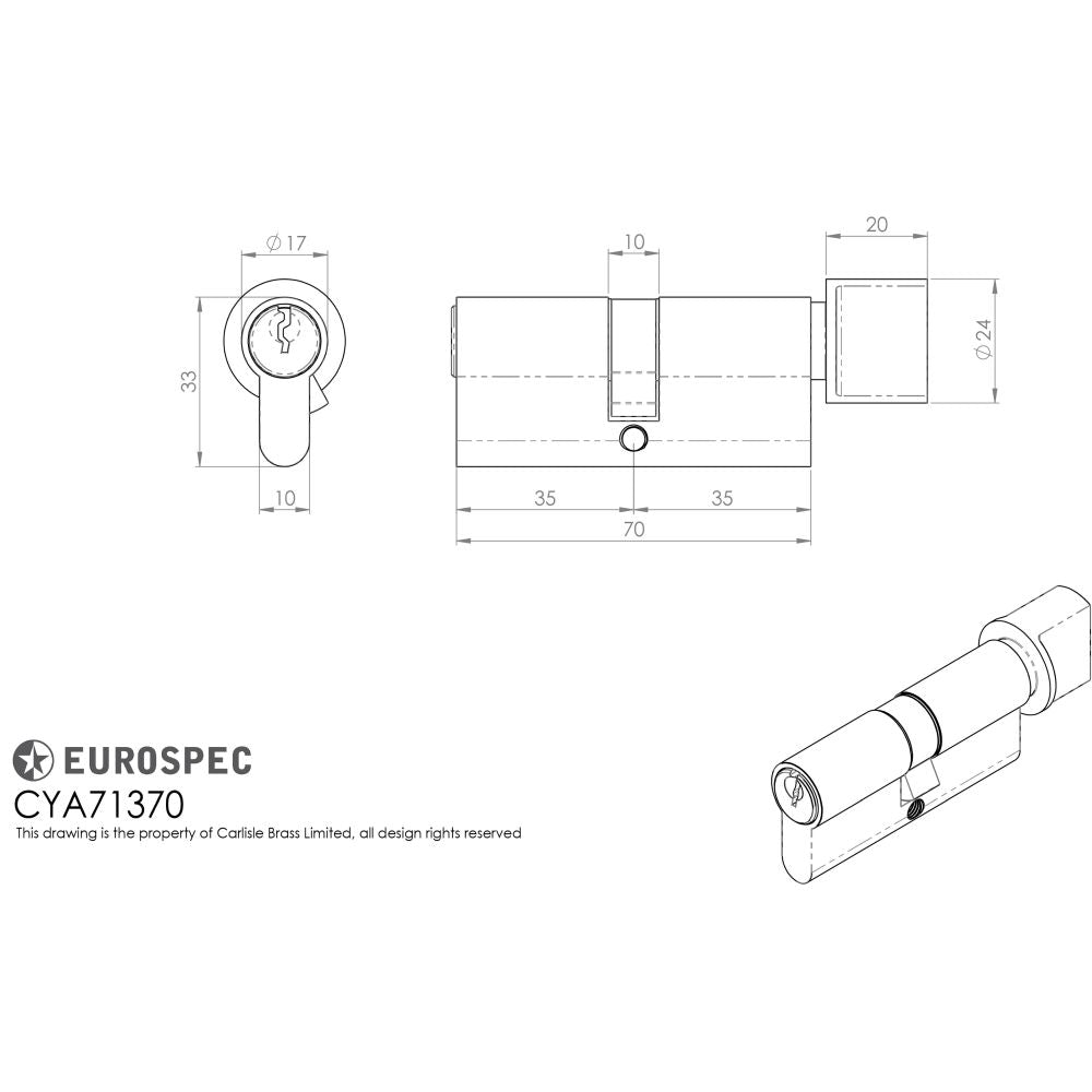 This image is a line drwaing of a Eurospec - Euro Cylinder and Turn - Satin Chrome available to order from Trade Door Handles in Kendal