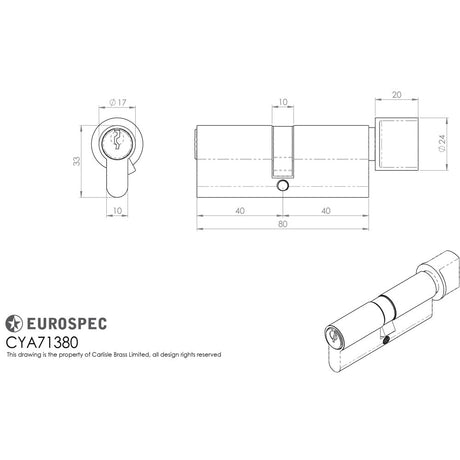 This image is a line drwaing of a Eurospec - Euro Cylinder and Turn - Polished Chrome available to order from Trade Door Handles in Kendal