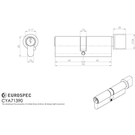 This image is a line drwaing of a Eurospec - Euro Cylinder and Turn - Satin Chrome available to order from Trade Door Handles in Kendal