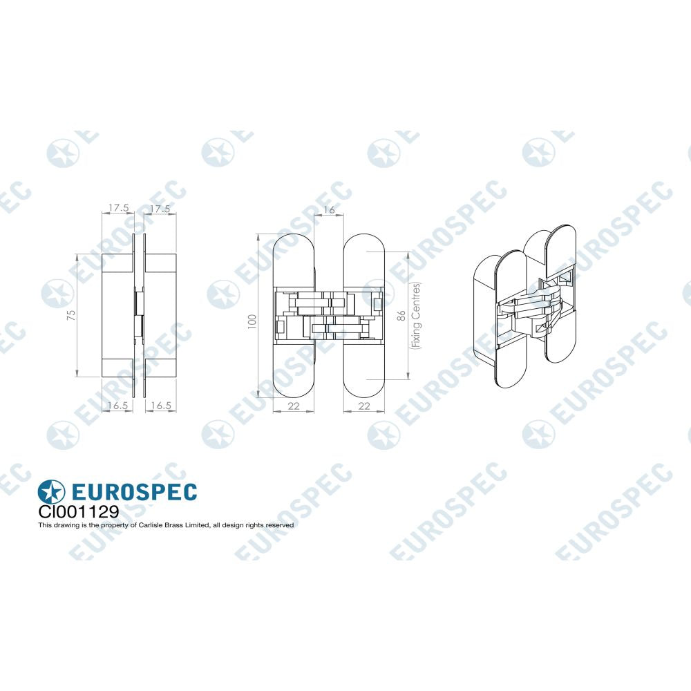 This image is a line drwaing of a Eurospec - 75mm Ceam 3D Concealed Hinge 1129 - Bronze Plated available to order from Trade Door Handles in Kendal