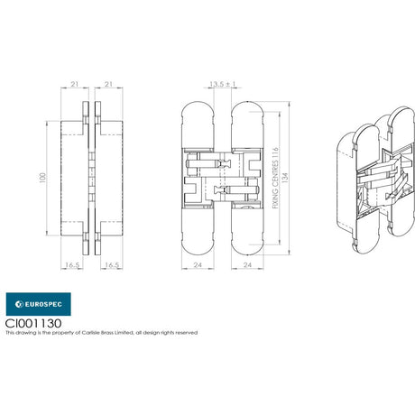 This image is a line drwaing of a Eurospec - 100mm Ceam 3D Concealed Hinge 1130 - Matt Black Varnish available to order from Trade Door Handles in Kendal