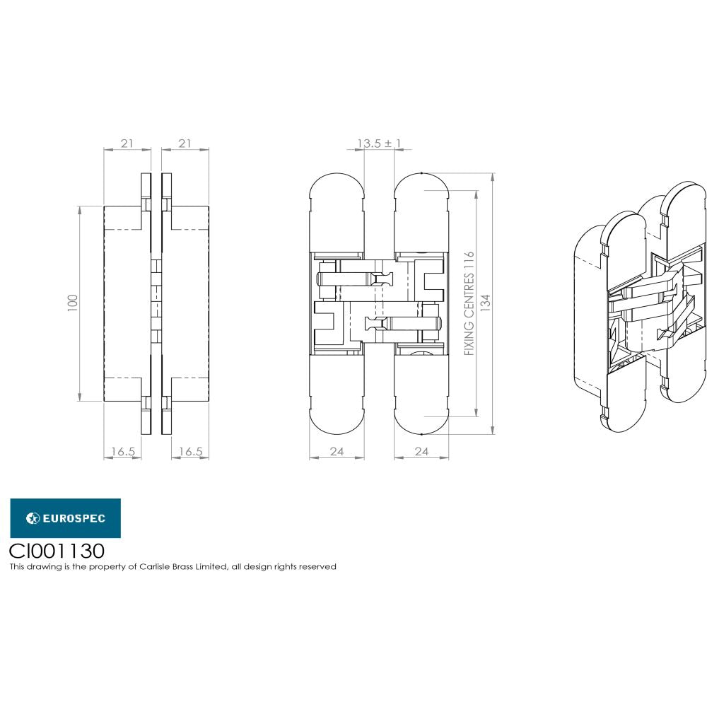 This image is a line drwaing of a Eurospec - 100mm Ceam 3D Concealed Hinge 1130 - Brass Plated available to order from Trade Door Handles in Kendal