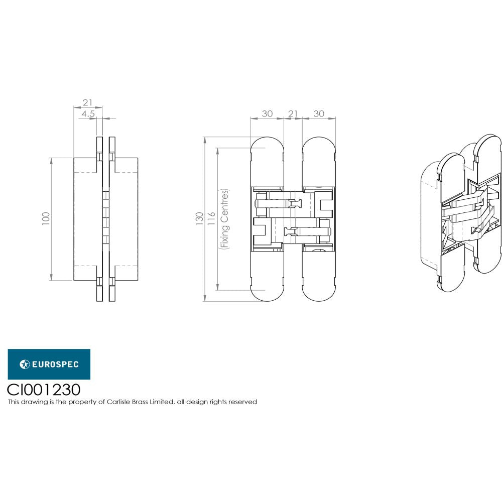 This image is a line drwaing of a Eurospec - 100mm Ceam 3D Concealed Hinge 1230 - Matt Black available to order from Trade Door Handles in Kendal