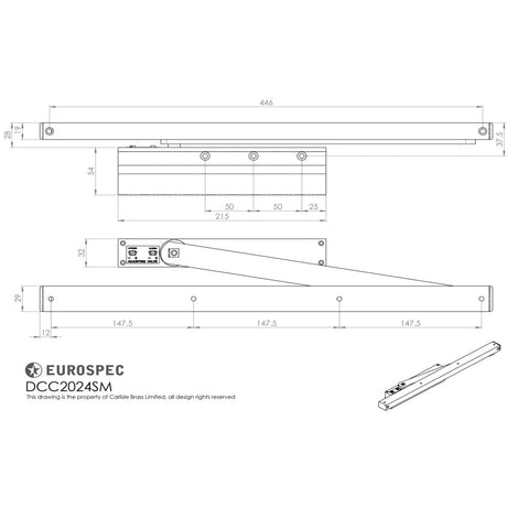 This image is a line drwaing of a Eurospec - Surface Mounted Slim Action Closer C/W Slide Arm + Sv Cover Size 2-4 available to order from Trade Door Handles in Kendal