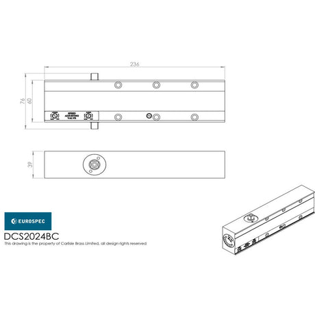 This image is a line drwaing of a Eurospec - Overhead Door Closer Adjustable Size 2-4 Variable C/W Backcheck Cover available to order from Trade Door Handles in Kendal