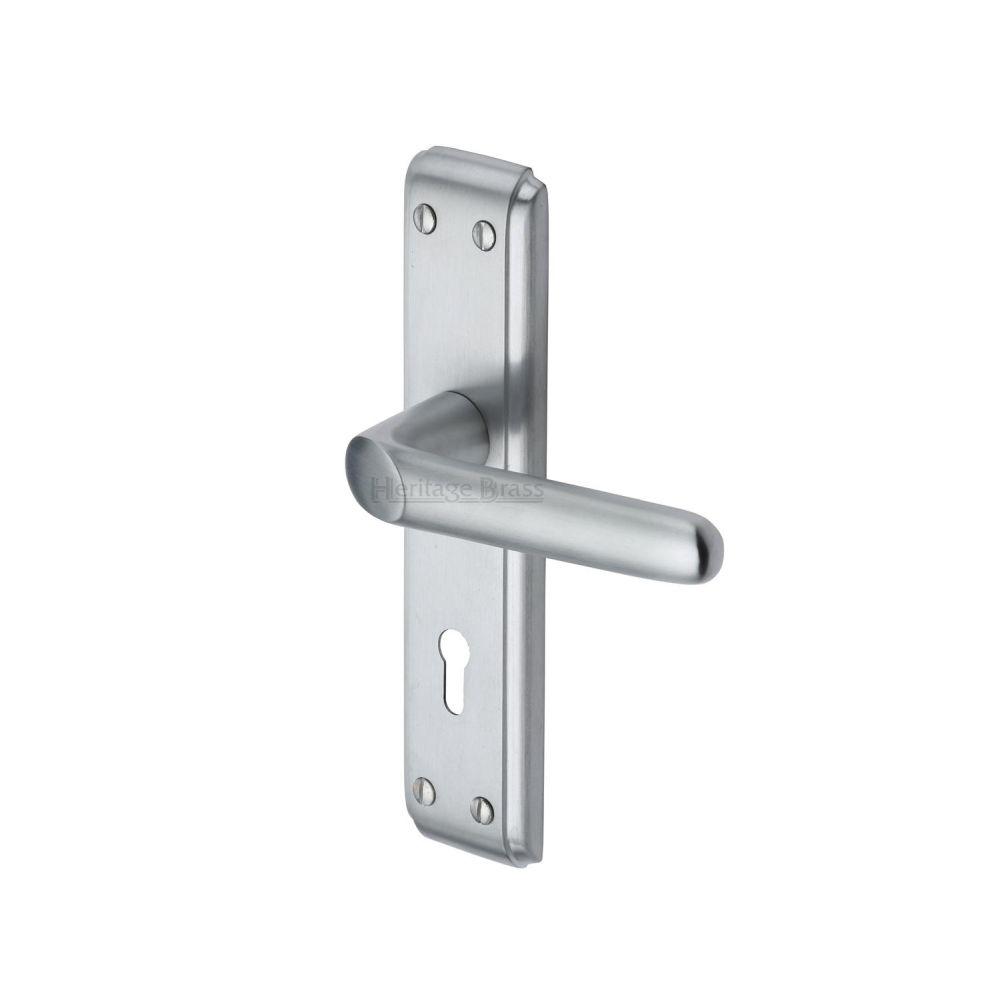 This is an image of a Heritage Brass - Door Handle Lever Lock Deco Design Satin Chrome Finish, dec3000-sc that is available to order from Trade Door Handles in Kendal.