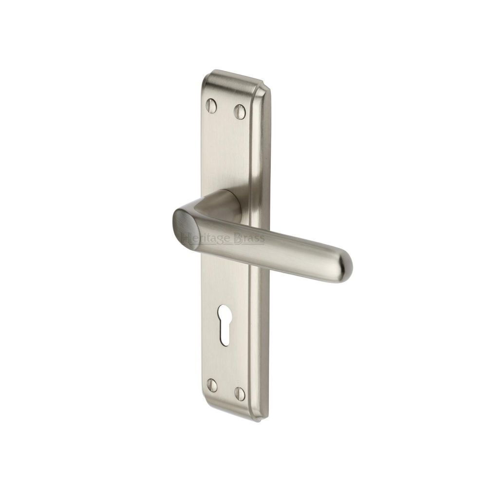 This is an image of a Heritage Brass - Door Handle Lever Lock Deco Design Satin Nickel Finish, dec3000-sn that is available to order from Trade Door Handles in Kendal.