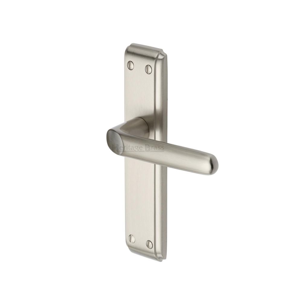 This is an image of a Heritage Brass - Door Handle Lever Latch Deco Design Satin Nickel Finish, dec3010-sn that is available to order from Trade Door Handles in Kendal.