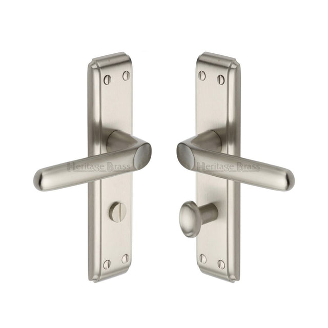 This is an image of a Heritage Brass - Door Handle for Bathroom Deco Design Satin Nickel Finish, dec3030-sn that is available to order from Trade Door Handles in Kendal.