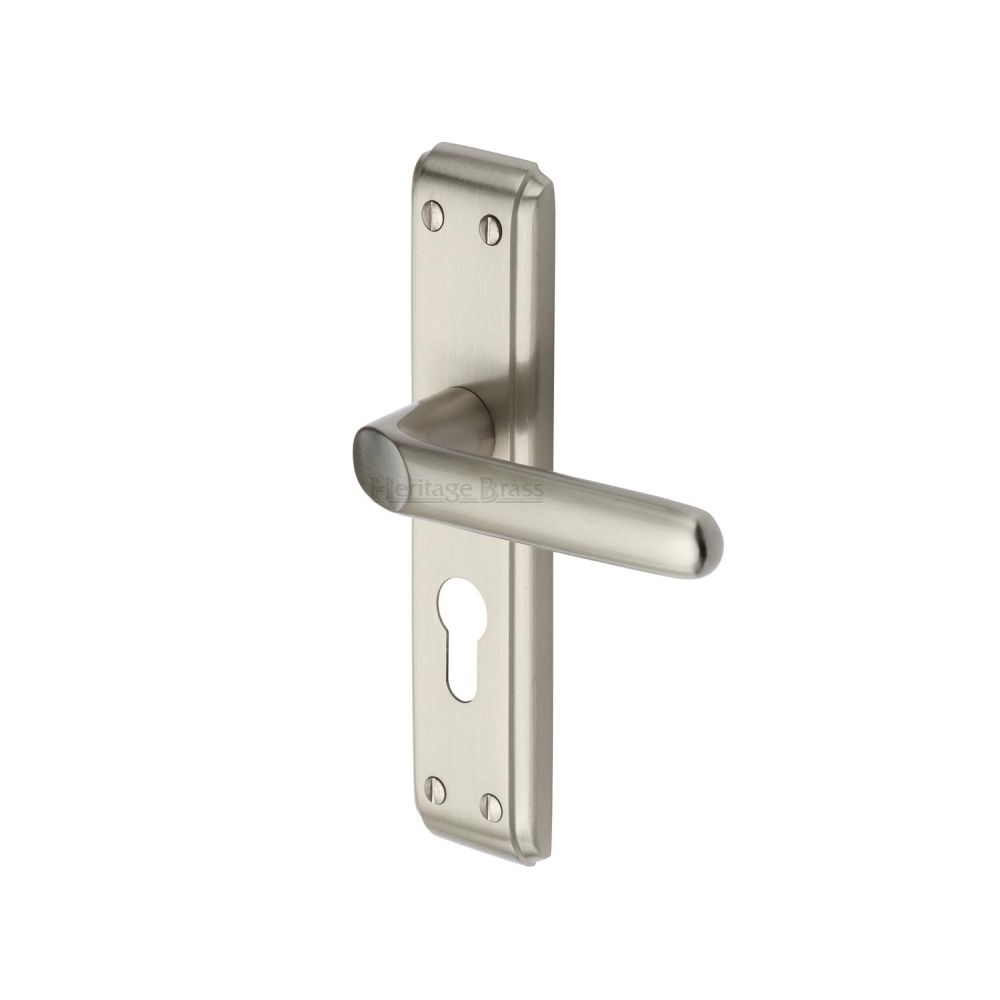 This is an image of a Heritage Brass - Door Handle for Euro Profile Plate Deco Design Satin Nickel Fini, dec3048-sn that is available to order from Trade Door Handles in Kendal.