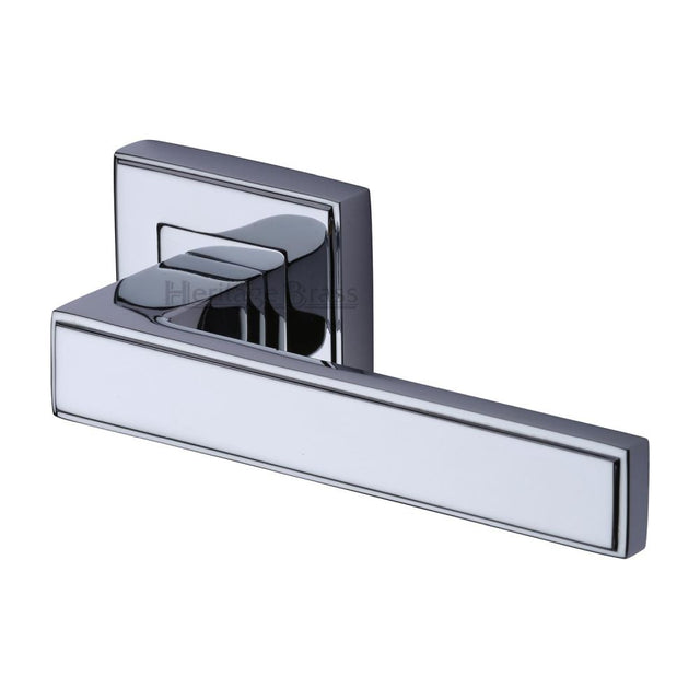 This is an image of a Heritage Brass - Door Handle Lever Latch on Square Rose Linear SQ Design Polished Ch, dec5430-pc that is available to order from Trade Door Handles in Kendal.