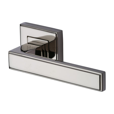 This is an image of a Heritage Brass - Door Handle Lever Latch on Square Rose Linear SQ Design Polished Ni, dec5430-pnf that is available to order from Trade Door Handles in Kendal.