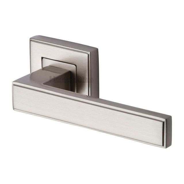 This is an image of a Heritage Brass - Door Handle Lever Latch on Square Rose Linear SQ Design Satin Ni, dec5430-sn that is available to order from Trade Door Handles in Kendal.