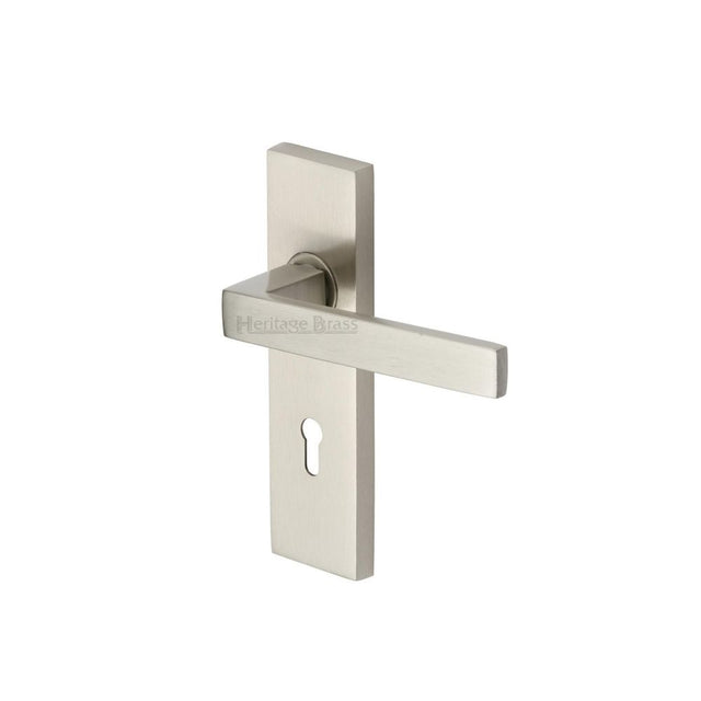 This is an image of a Heritage Brass - Door Handle Lever Lock Delta Design Satin Nickel Finish, del6000-sn that is available to order from Trade Door Handles in Kendal.