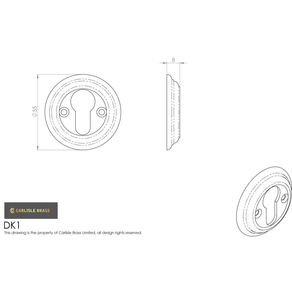 This image is a line drwaing of a Carlisle Brass - Delamain Euro Profile Escutcheon - Satin Nickel available to order from Trade Door Handles in Kendal