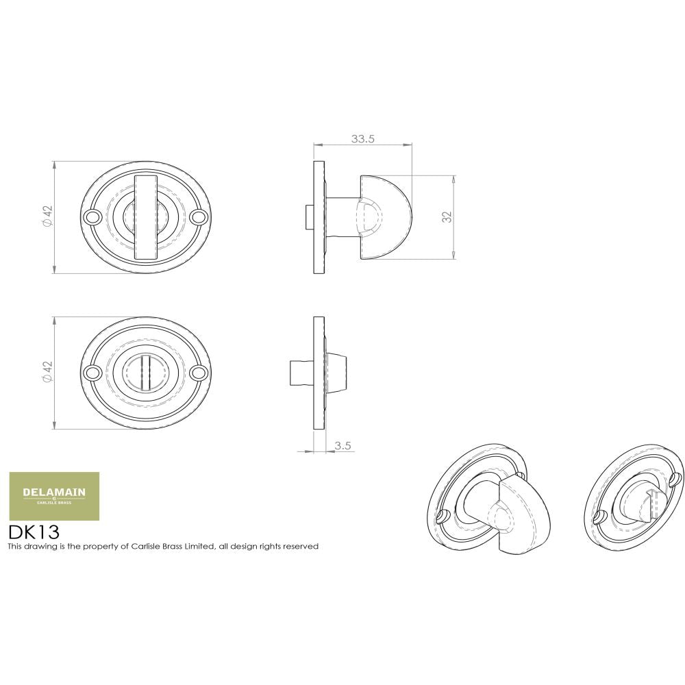 This image is a line drwaing of a Carlisle Brass - Delamain Small Turn and Release - Polished Brass available to order from Trade Door Handles in Kendal