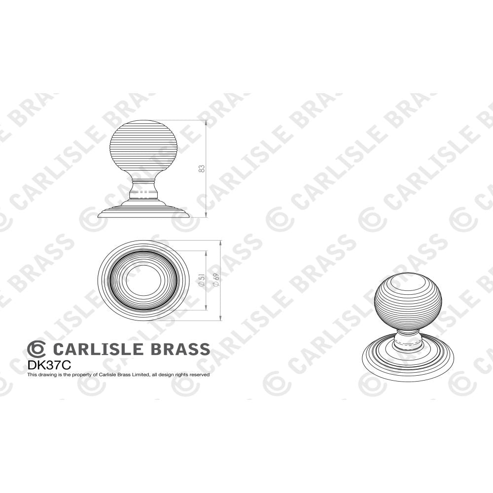 This image is a line drwaing of a Carlisle Brass - Delamain Reeded Knob available to order from Trade Door Handles in Kendal