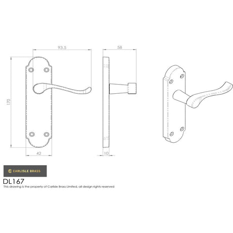 This image is a line drwaing of a Carlisle Brass - Oakley Lever on Latch Backplate - Polished Brass available to order from Trade Door Handles in Kendal