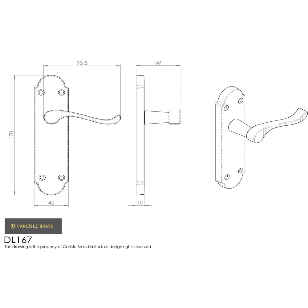 This image is a line drwaing of a Carlisle Brass - Oakley Lever on Latch Backplate - Satin Chrome available to order from Trade Door Handles in Kendal