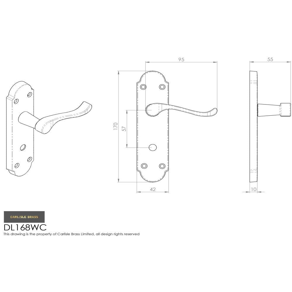 This image is a line drwaing of a Carlisle Brass - Oakley Lever on WC Backplate - Polished Chrome available to order from Trade Door Handles in Kendal