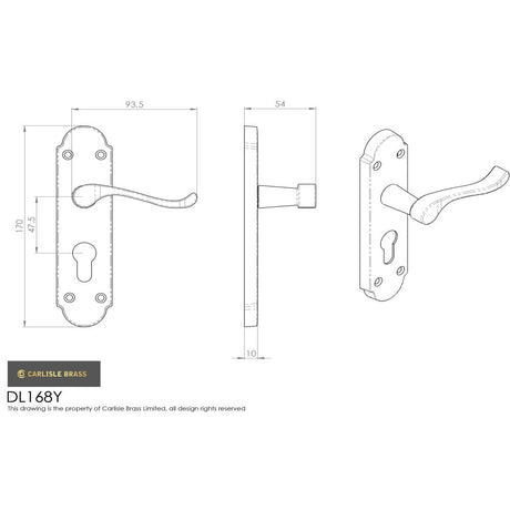 This image is a line drwaing of a Carlisle Brass - Oakley Lever on Euro Lock Backplate - Satin Chrome available to order from Trade Door Handles in Kendal