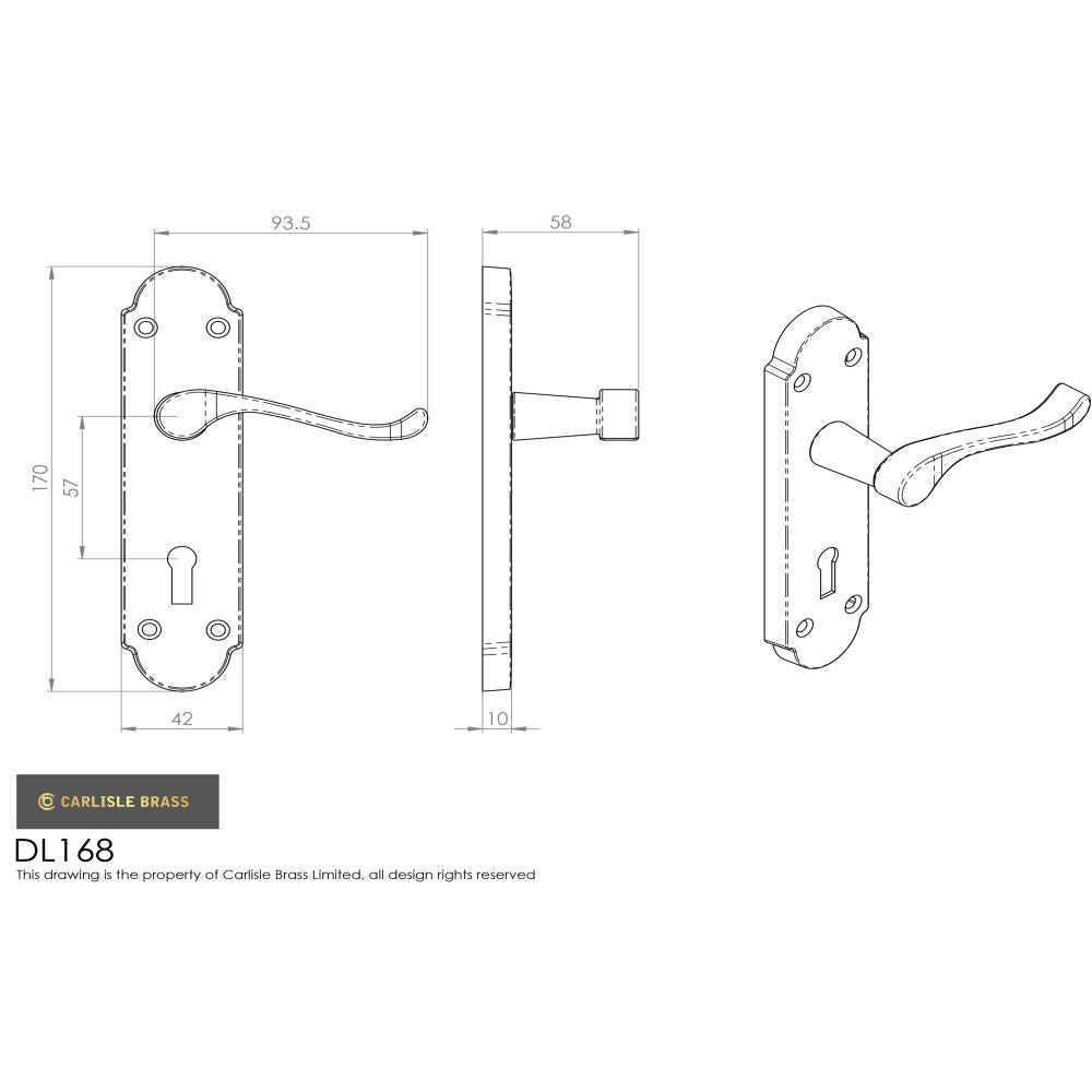 This image is a line drwaing of a Carlisle Brass - Oakley Lever on Lock Backplate - Satin Chrome available to order from Trade Door Handles in Kendal