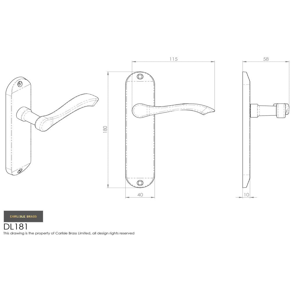 This image is a line drwaing of a Carlisle Brass - Andros Lever on Latch Backplate - Satin Chrome available to order from Trade Door Handles in Kendal