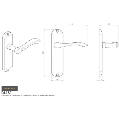 This image is a line drwaing of a Carlisle Brass - Andros Lever on Latch Backplate - Satin Chrome available to order from Trade Door Handles in Kendal