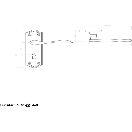 This image is a line drwaing of a Carlisle Brass - Madrid Lever on Lock Backplate - Florentine Bronze available to order from Trade Door Handles in Kendal