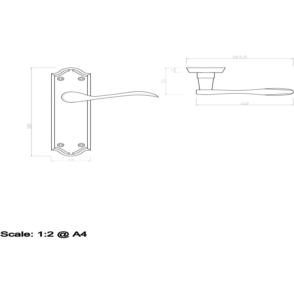 This image is a line drwaing of a Carlisle Brass - Madrid Lever on Latch Backplate - Polished Brass available to order from Trade Door Handles in Kendal