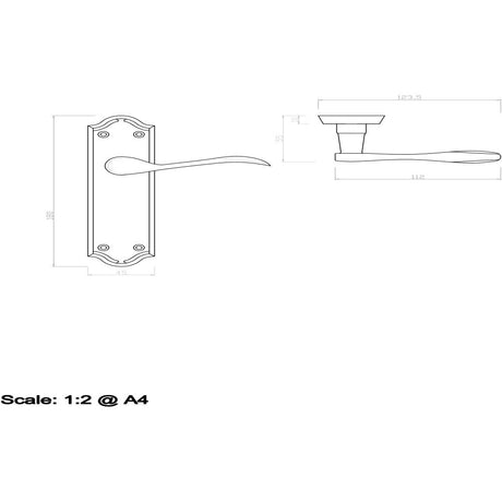 This image is a line drwaing of a Carlisle Brass - Madrid Lever on Latch Backplate - Polished Brass available to order from Trade Door Handles in Kendal