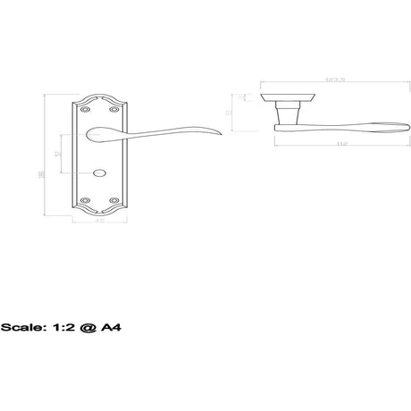 This image is a line drwaing of a Carlisle Brass - Madrid Lever on WC Backplate - Satin Chrome available to order from Trade Door Handles in Kendal