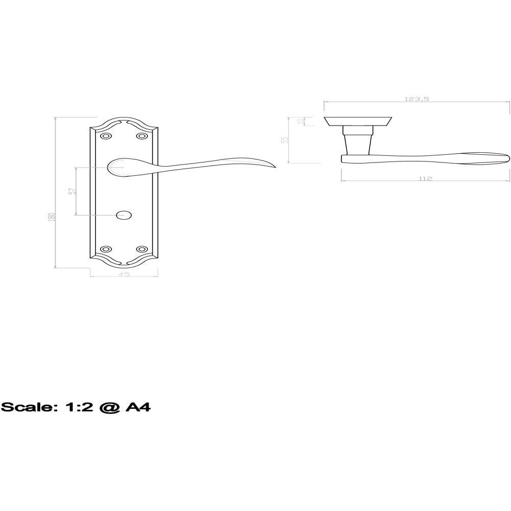 This image is a line drwaing of a Carlisle Brass - Madrid Lever on WC Backplate - Polished Brass available to order from Trade Door Handles in Kendal