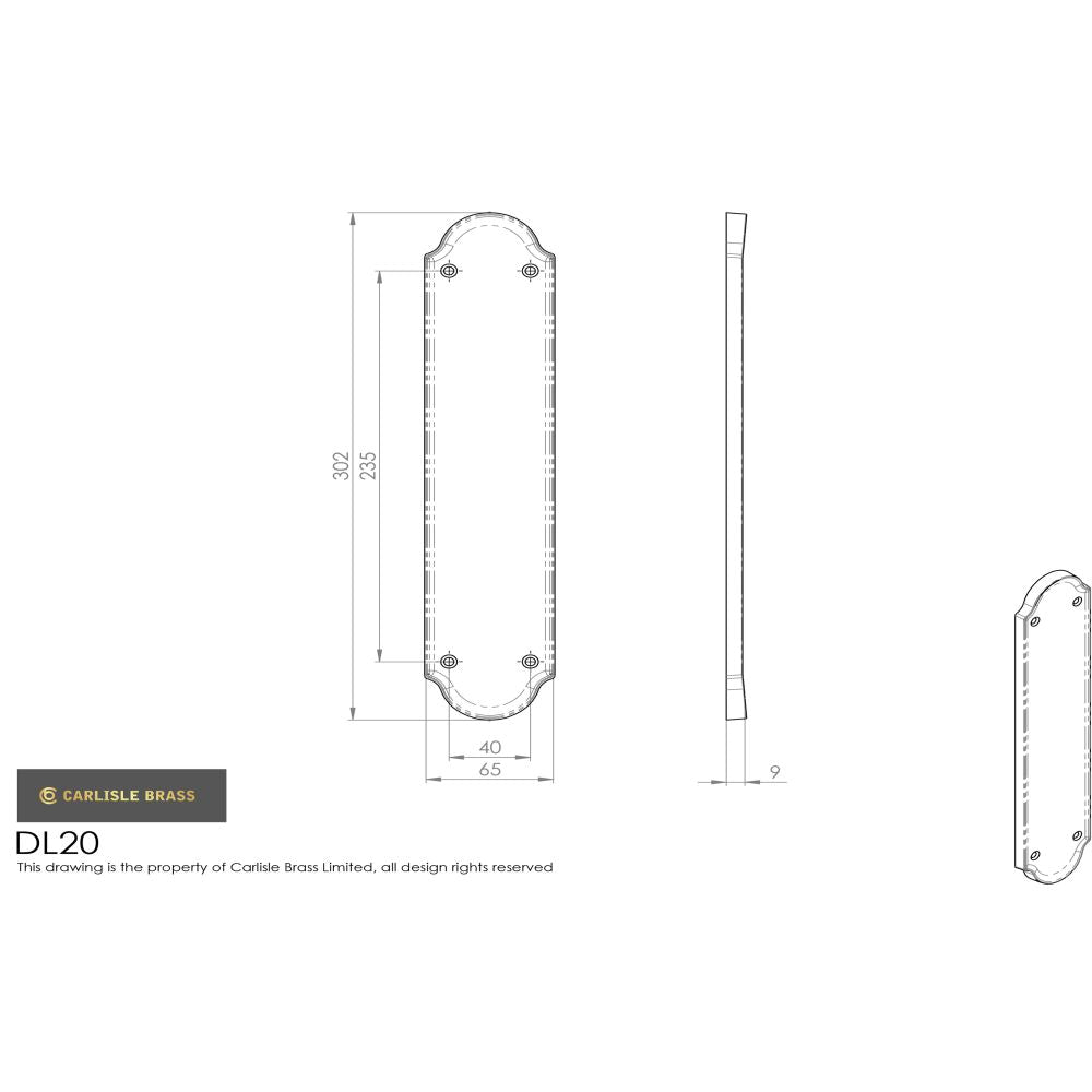 This image is a line drwaing of a Carlisle Brass - Finger Plate Shaped End 302 x 65mm - Polished Brass available to order from Trade Door Handles in Kendal