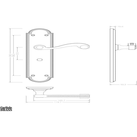 This image is a line drwaing of a Carlisle Brass - Chesham Lever on Long WC Backplate - Polished Brass available to order from Trade Door Handles in Kendal