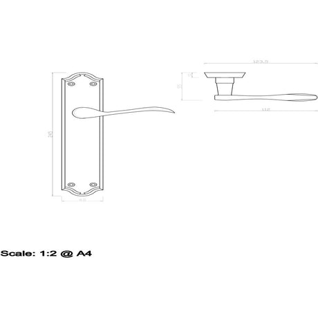 This image is a line drwaing of a Carlisle Brass - Madrid Lever on Long Latch Backplate - Polished Chrome available to order from Trade Door Handles in Kendal