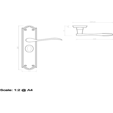 This image is a line drwaing of a Carlisle Brass - Madrid Lever on Long WC Backplate - Polished Chrome available to order from Trade Door Handles in Kendal