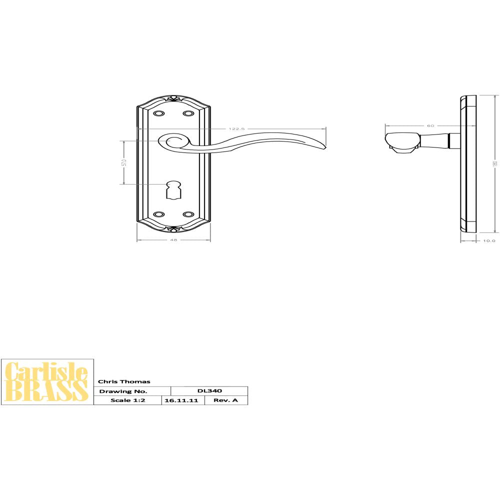 This image is a line drwaing of a Carlisle Brass - Wentworth Lever on Lock Backplate - Florentine Bronze available to order from Trade Door Handles in Kendal