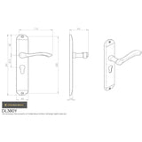 This image is a line drwaing of a Carlisle Brass - Andros Lever on Euro Lock Long Backplate - Polished Chrome available to order from Trade Door Handles in Kendal