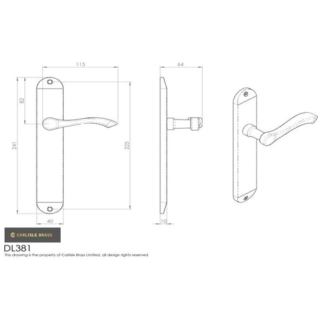 This image is a line drwaing of a Carlisle Brass - Andros Lever on Long Latch Backplate - Satin Chrome available to order from Trade Door Handles in Kendal