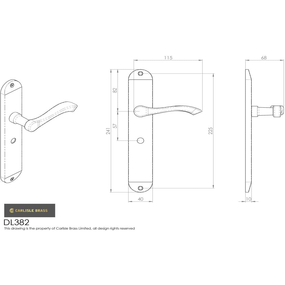 This image is a line drwaing of a Carlisle Brass - Andros Lever on Long WC Backplate - Satin Chrome available to order from Trade Door Handles in Kendal