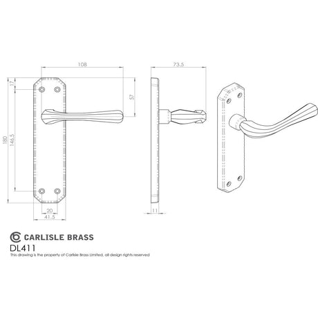 This image is a line drwaing of a Carlisle Brass - Eden Lever on Latch Backplate - Polished Brass available to order from Trade Door Handles in Kendal