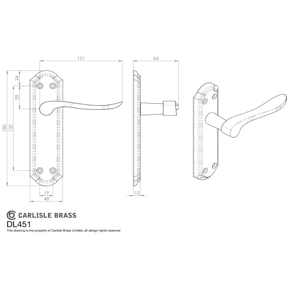 This image is a line drwaing of a Carlisle Brass - Lytham Lever on Latch backplate - Dual Finish-Satin/Polished Ch available to order from Trade Door Handles in Kendal