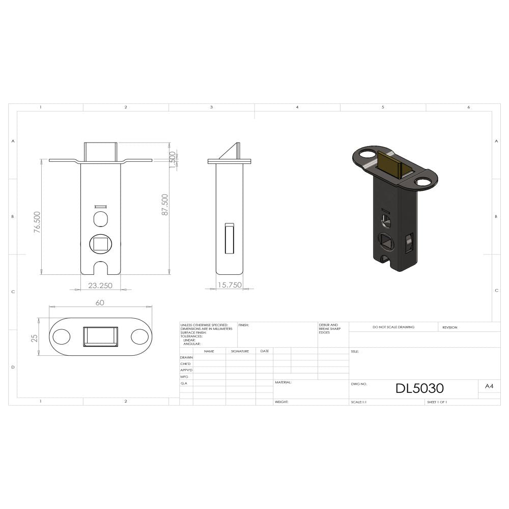 This image is a line drwaing of a Carlisle Brass - Tubular Latch Heavy Sprung 76mm - Stainless Steel available to order from Trade Door Handles in Kendal